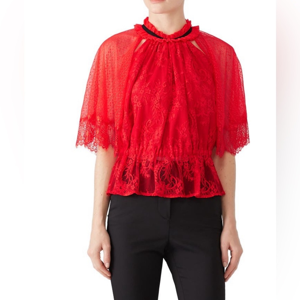 $295 Three Floor Red Coral Bells Lace Mock Neck Top Sz 8